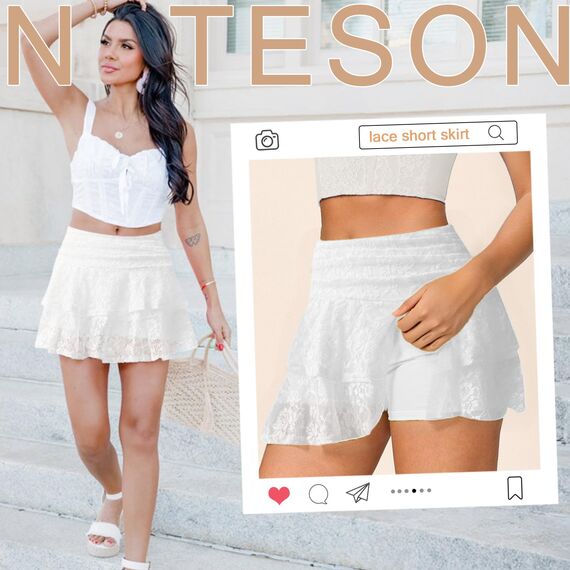 Neteson Minirock Damen Sexy Kurz Faltenrock mit Hose Mini Rock Sommer Spitze A-Linie Ruffle Skirt Y2k Plisseerock Rüschen Frauen Kurzer Röcke Fairycore Streetwear