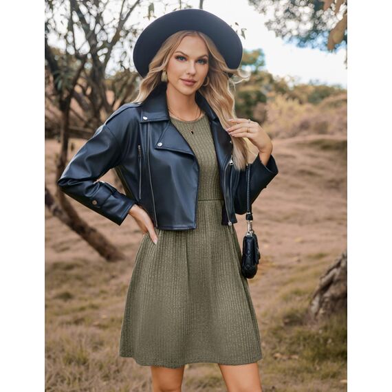 Hotouch Winterkleid Damen Langarm Kleid Knielang Strickkleid Rundhals Weihnachtskleid A-Linie Winterkleid Herbst Kleider Knielang Blusenkleid mit Taschen Armeegrün M