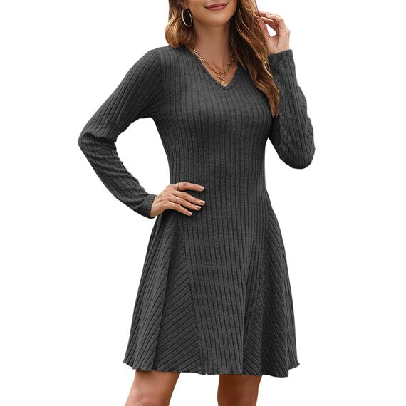 AUSELILY Strickkleid Damen Herbst Leichte A Linie Herbstkleid Langarm Kleider V Ausschnitt Winterkleid Elegant Pulloverkleid Dunkelgrau S