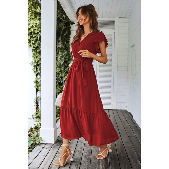 Awemeal Kleid Damen Sommer Elegant V-Ausschnitt Kurzarm Lang Sommerkleid Boho Blumenkleid mit Gürtel Rüschen Saum Wickelkleid Strandkleid A Linie Fließend Maxikleid （L, Weinrot）