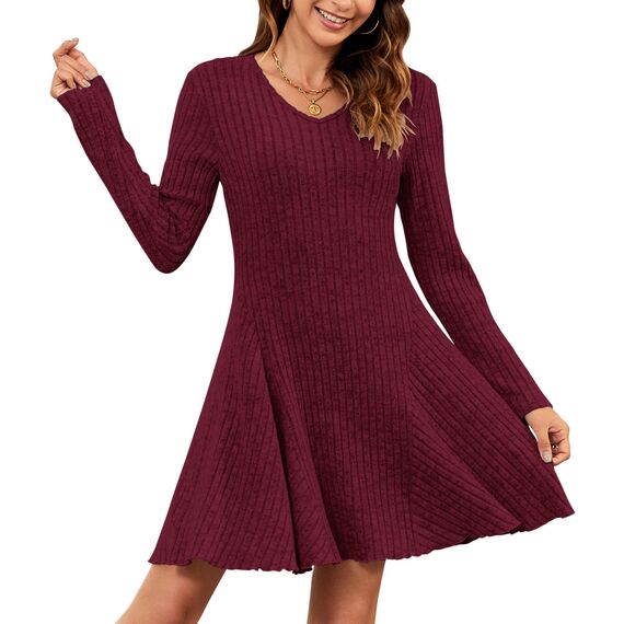 AUSELILY Strickkleid Damen Herbst Leichte A Linie Herbstkleid Langarm Kleider V Ausschnitt Winterkleid Elegant Pulloverkleid Weinrot XL