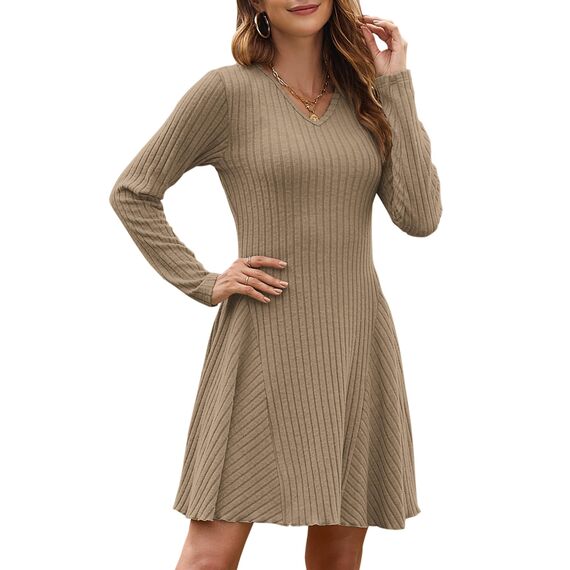 AUSELILY Strickkleid Damen Herbst Leichte A Linie Herbstkleid Langarm Kleider V Ausschnitt Winterkleid Elegant Pulloverkleid Hellbraun XL