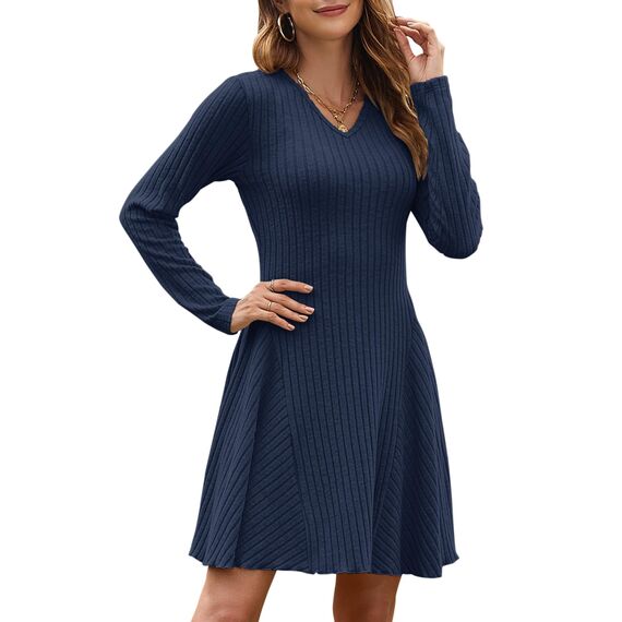 AUSELILY Strickkleid Damen Herbst Leichte A Linie Herbstkleid Langarm Kleider V Ausschnitt Winterkleid Elegant Pulloverkleid Marineblau L