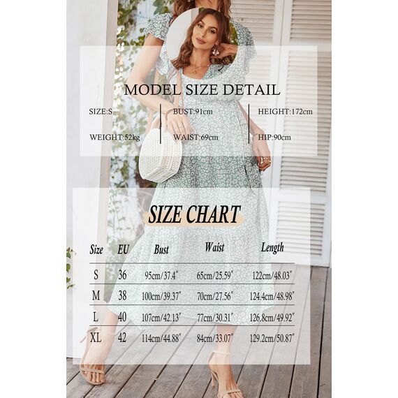 Awemeal Kleid Damen Sommer Elegant V-Ausschnitt Kurzarm Lang Sommerkleid Boho Blumenkleid mit Gürtel Rüschen Saum Wickelkleid Strandkleid A Linie Fließend Maxikleid （S, Blume Grün）