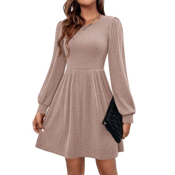 Hotouch Damen Kleider Winter Strickkleid Langarm Kleid Puff Leicht Winterkleid Rundhals Herbstkleid Knielang Weihnachtskleid A Linie Blusenkleid mit Taschen Khaki L