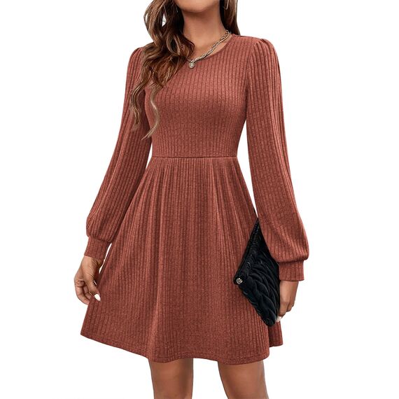 Hotouch Kleid Damen Winter Strickkleid Langarm Kleid Puff Knielang Winterkleid Rundhals Herbstkleid Winter Kleider A-Linie Weihnachtskleid mit Taschen Karamell XL