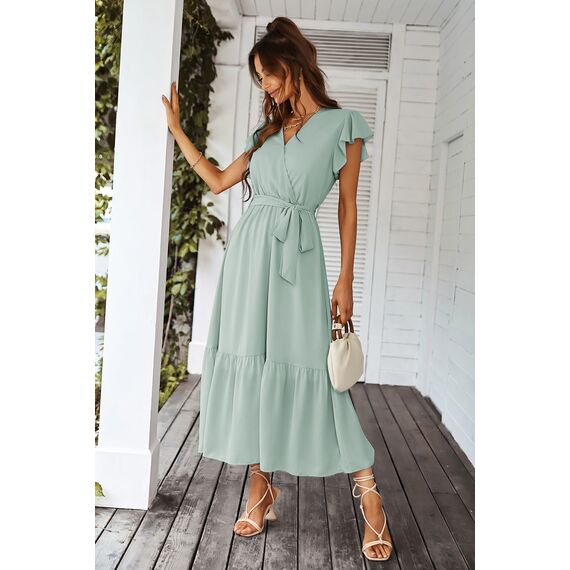 Awemeal Kleid Damen Sommer Elegant V-Ausschnitt Kurzarm Lang Sommerkleid Boho Blumenkleid mit Gürtel Rüschen Saum Wickelkleid Strandkleid A Linie Fließend Maxikleid （S, Grün）