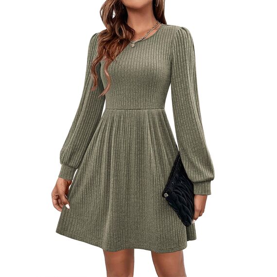 Hotouch Damen Kleid Elegant Strickkleid Langarm Kleider Rundhals Winterkleid Weihnachtskleid A-Linie Herbstkleid Elegant Blusenkleid mit Taschen Armeegrün XXL