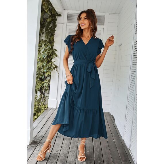 Awemeal Kleid Damen Sommer Elegant V-Ausschnitt Kurzarm Lang Sommerkleid Boho Blumenkleid mit Gürtel Rüschen Saum Wickelkleid Strandkleid A Linie Fließend Maxikleid （M, See Blau）