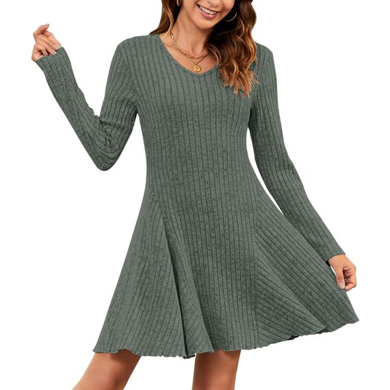 AUSELILY Strickkleid Damen Herbst Leichte A Linie Herbstkleid Langarm Kleider V Ausschnitt Winterkleid Elegant Pulloverkleid Dunkelgrün 2XL