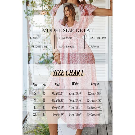 Awemeal Kleid Damen Sommer Elegant V-Ausschnitt Kurzarm Lang Sommerkleid Boho Blumenkleid mit Gürtel Rüschen Saum Wickelkleid Strandkleid A Linie Fließend Maxikleid （S, Blume Rosa）