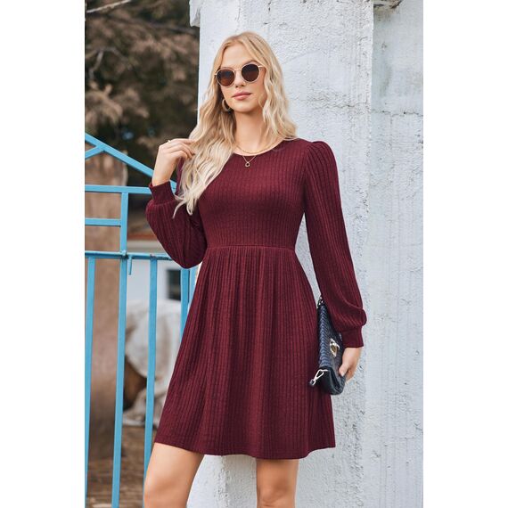 Hotouch Damen Kleid Elegant Strickkleid Langarm Kleider Rundhals Winterkleid Weihnachtskleid A-Linie Herbstkleid Elegant Blusenkleid mit Taschen Dunkelrot XXL