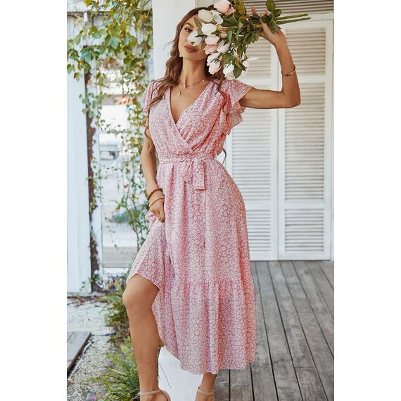 Awemeal Kleid Damen Sommer Elegant V-Ausschnitt Kurzarm Lang Sommerkleid Boho Blumenkleid mit Gürtel Rüschen Saum Wickelkleid Strandkleid A Linie Fließend Maxikleid （M, Blume Rosa）