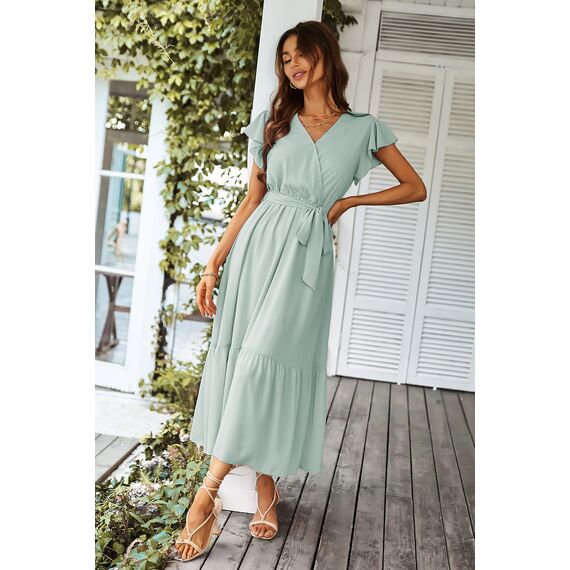 Awemeal Kleid Damen Sommer Elegant V-Ausschnitt Kurzarm Lang Sommerkleid Boho Blumenkleid mit Gürtel Rüschen Saum Wickelkleid Strandkleid A Linie Fließend Maxikleid （S, Grün）