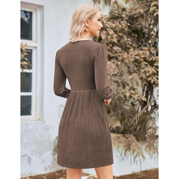 Hotouch Kleid Damen Winter Strickkleid Langarm Kleid Puff Knielang Winterkleid Rundhals Herbstkleid Winter Kleider A-Linie Weihnachtskleid mit Taschen Braun XL