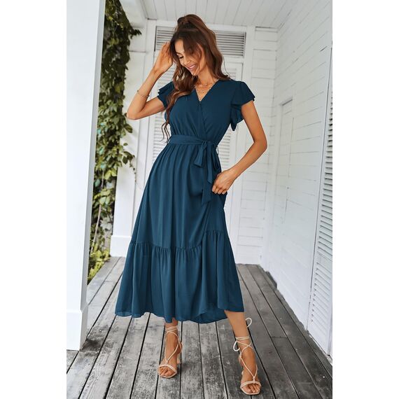 Awemeal Kleid Damen Sommer Elegant V-Ausschnitt Kurzarm Lang Sommerkleid Boho Blumenkleid mit Gürtel Rüschen Saum Wickelkleid Strandkleid A Linie Fließend Maxikleid （S, See Blau）