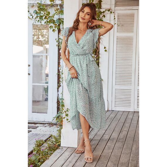 Awemeal Kleid Damen Sommer Elegant V-Ausschnitt Kurzarm Lang Sommerkleid Boho Blumenkleid mit Gürtel Rüschen Saum Wickelkleid Strandkleid A Linie Fließend Maxikleid （S, Blume Grün）