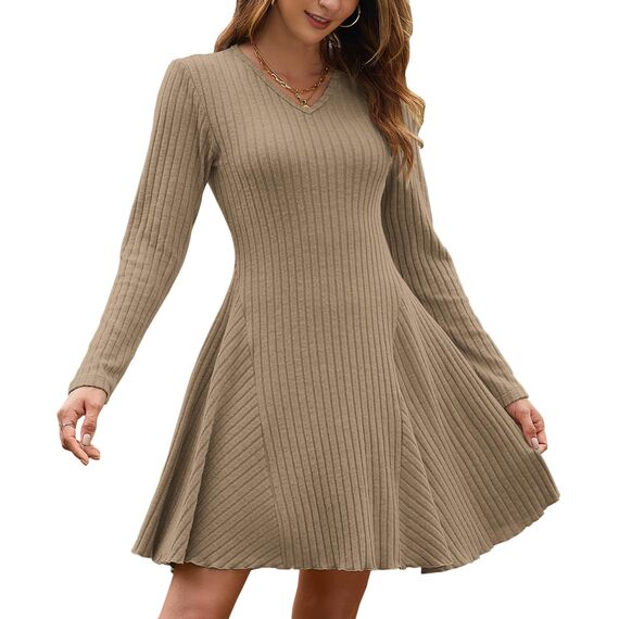 AUSELILY Strickkleid Damen Herbst Leichte A Linie Herbstkleid Langarm Kleider V Ausschnitt Winterkleid Elegant Pulloverkleid Hellbraun XL