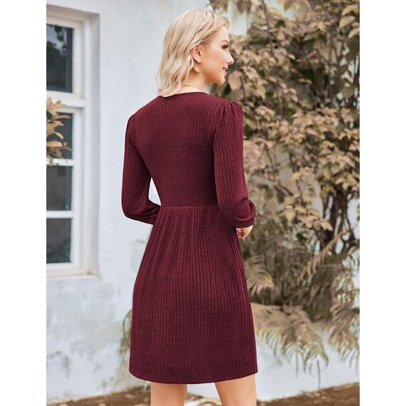 Hotouch Damen Kleid Elegant Strickkleid Langarm Kleider Rundhals Winterkleid Weihnachtskleid A-Linie Herbstkleid Elegant Blusenkleid mit Taschen Dunkelrot XXL