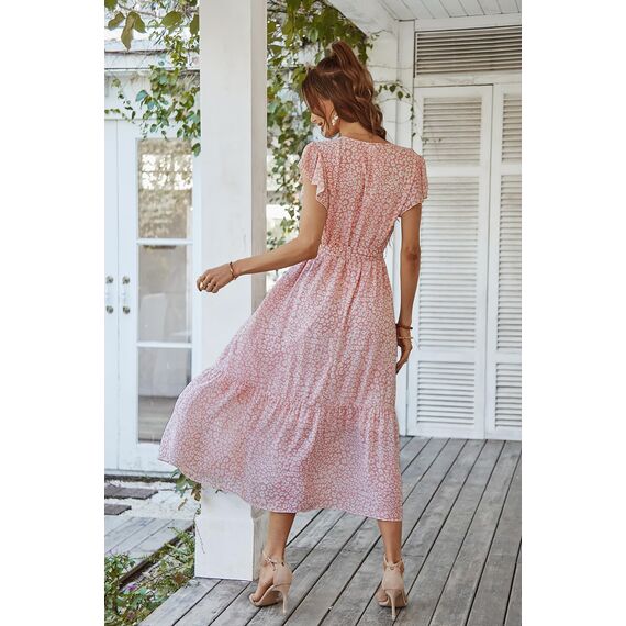 Awemeal Kleid Damen Sommer Elegant V-Ausschnitt Kurzarm Lang Sommerkleid Boho Blumenkleid mit Gürtel Rüschen Saum Wickelkleid Strandkleid A Linie Fließend Maxikleid （L, Blume Rosa）