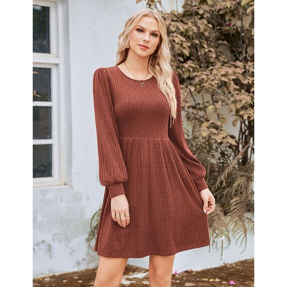 Hotouch Damen Kleid Elegant Strickkleid Langarm Kleider Rundhals Winterkleid Weihnachtskleid A-Linie Herbstkleid Elegant Blusenkleid mit Taschen Karamell XXL