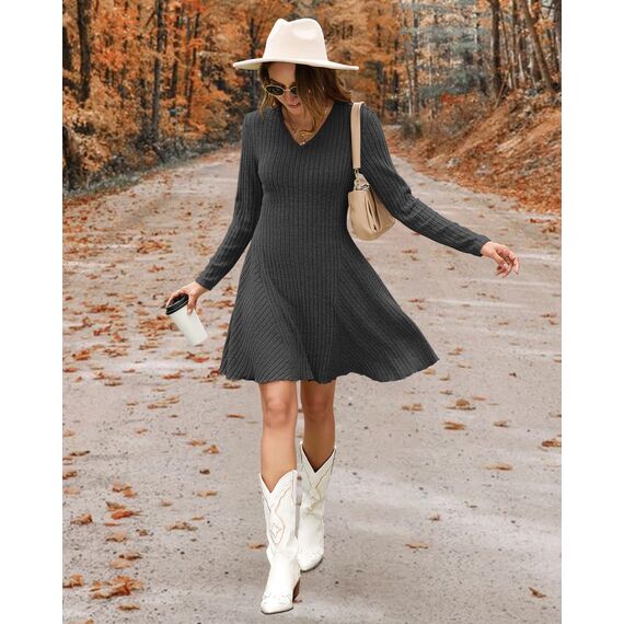 AUSELILY Strickkleid Damen Herbst Leichte A Linie Herbstkleid Langarm Kleider V Ausschnitt Winterkleid Elegant Pulloverkleid Dunkelgrau L