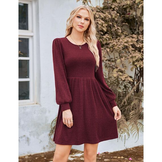 Hotouch Herbst Kleider Damen Strickkleid Langarm Rundhals Kleid Puff Leicht Winterkleid A Linie Pulloverkleid Knielang Freizeitkleid mit Taschen Dunkelrot L