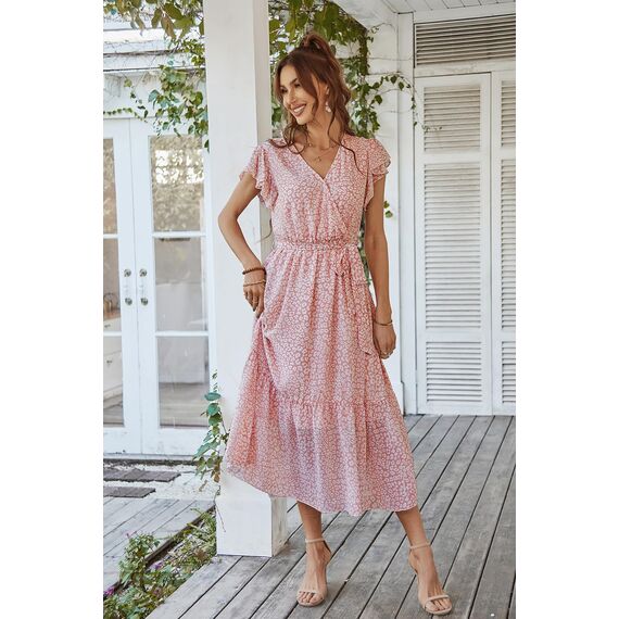 Awemeal Kleid Damen Sommer Elegant V-Ausschnitt Kurzarm Lang Sommerkleid Boho Blumenkleid mit Gürtel Rüschen Saum Wickelkleid Strandkleid A Linie Fließend Maxikleid （XL, Blume Rosa）