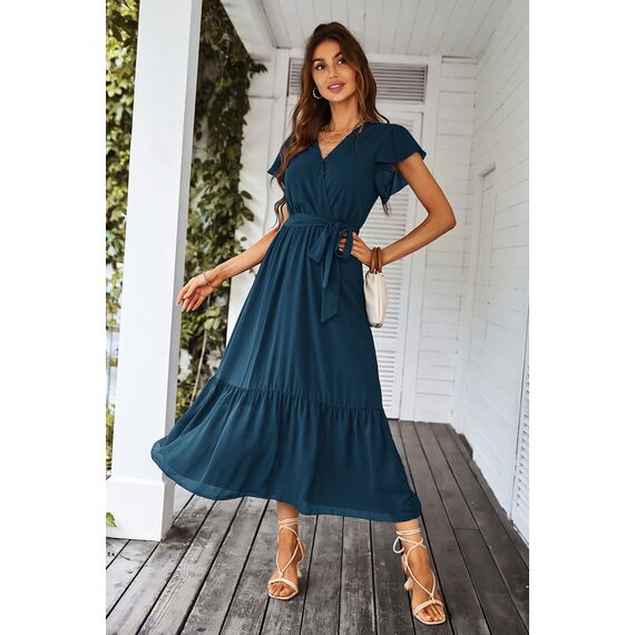 Awemeal Kleid Damen Sommer Elegant V-Ausschnitt Kurzarm Lang Sommerkleid Boho Blumenkleid mit Gürtel Rüschen Saum Wickelkleid Strandkleid A Linie Fließend Maxikleid （M, See Blau）