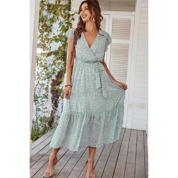 Awemeal Kleid Damen Sommer Elegant V-Ausschnitt Kurzarm Lang Sommerkleid Boho Blumenkleid mit Gürtel Rüschen Saum Wickelkleid Strandkleid A Linie Fließend Maxikleid （S, Blume Grün）