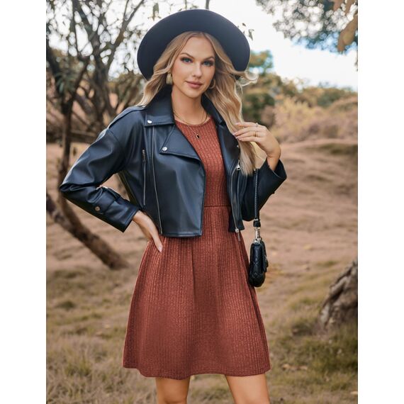 Hotouch Strickkleid Damen Winter Kleider Langarm Kleid Weihnachten Knielang Winterkleid Weihnachtskleid Rundhals Herbstkleid mit Taschen A-Linie Blusenkleid Karamell S