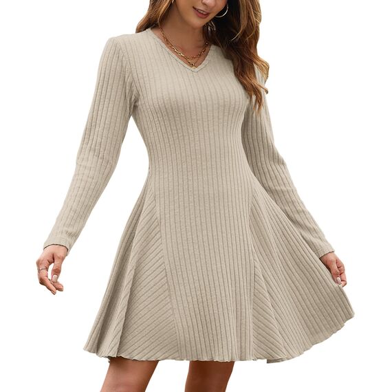 AUSELILY Strickkleid Damen Herbst Leichte A Linie Herbstkleid Langarm Kleider V Ausschnitt Winterkleid Elegant Pulloverkleid Aprikose L