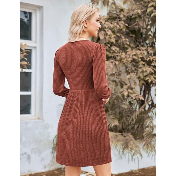 Hotouch Strickkleid Damen Winter Kleider Langarm Kleid Weihnachten Knielang Winterkleid Weihnachtskleid Rundhals Herbstkleid mit Taschen A-Linie Blusenkleid Karamell S