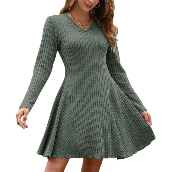 AUSELILY Strickkleid Damen Herbst Leichte A Linie Herbstkleid Langarm Kleider V Ausschnitt Winterkleid Elegant Pulloverkleid Dunkelgrün L