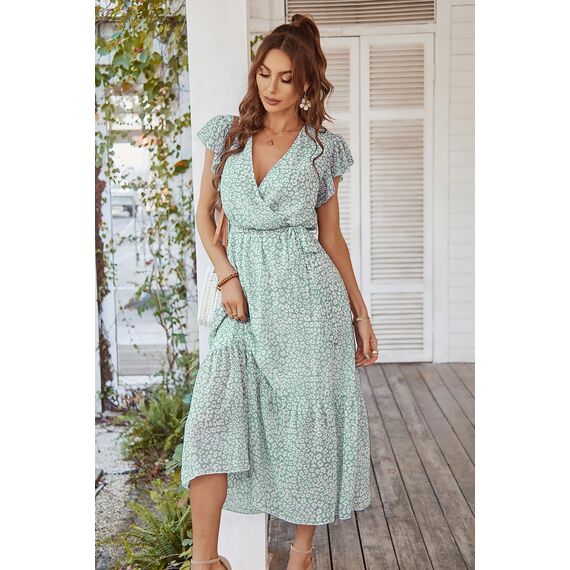 Awemeal Kleid Damen Sommer Elegant V-Ausschnitt Kurzarm Lang Sommerkleid Boho Blumenkleid mit Gürtel Rüschen Saum Wickelkleid Strandkleid A Linie Fließend Maxikleid （S, Blume Grün）