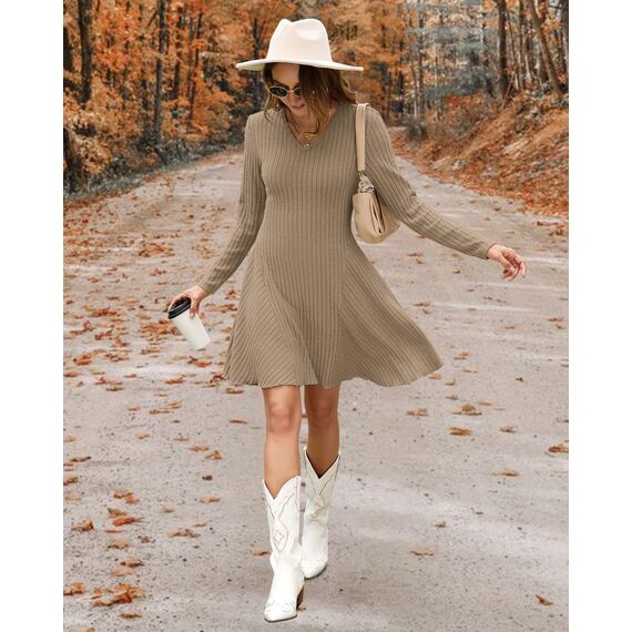 AUSELILY Strickkleid Damen Herbst Leichte A Linie Herbstkleid Langarm Kleider V Ausschnitt Winterkleid Elegant Pulloverkleid Hellbraun XL