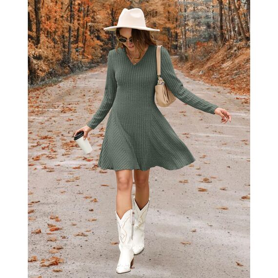 AUSELILY Strickkleid Damen Herbst Leichte A Linie Herbstkleid Langarm Kleider V Ausschnitt Winterkleid Elegant Pulloverkleid Dunkelgrün L