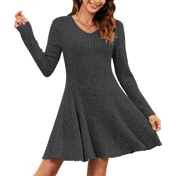 AUSELILY Strickkleid Damen Herbst Leichte A Linie Herbstkleid Langarm Kleider V Ausschnitt Winterkleid Elegant Pulloverkleid Dunkelgrau XL