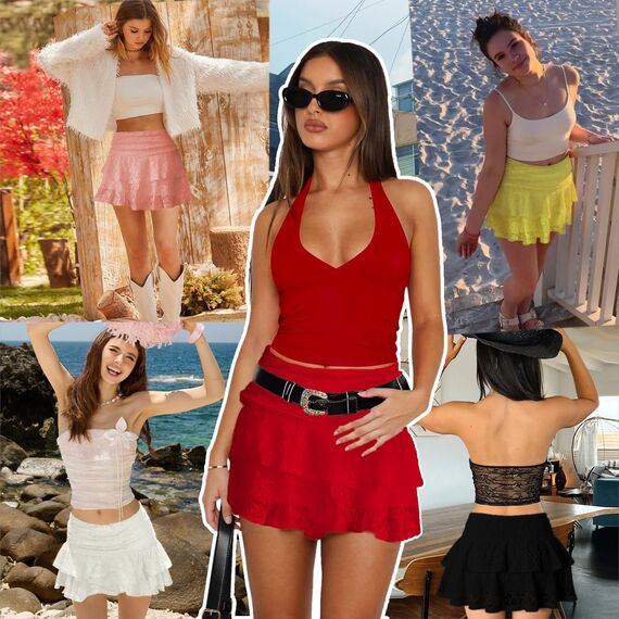 Neteson Minirock Damen Sexy Kurz Faltenrock mit Hose Mini Rock Sommer Spitze A-Linie Ruffle Skirt Y2k Plisseerock Rüschen Frauen Kurzer Röcke Fairycore Streetwear
