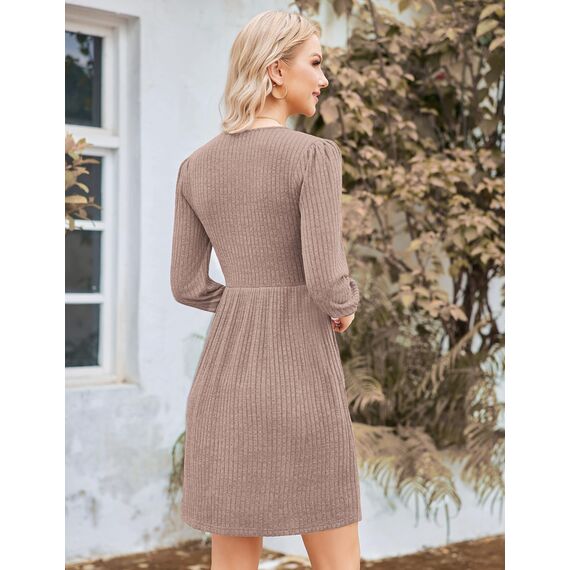 Hotouch Kleid Damen Winter Strickkleid Langarm Kleid Puff Knielang Winterkleid Rundhals Herbstkleid Winter Kleider A-Linie Weihnachtskleid mit Taschen Khaki XL