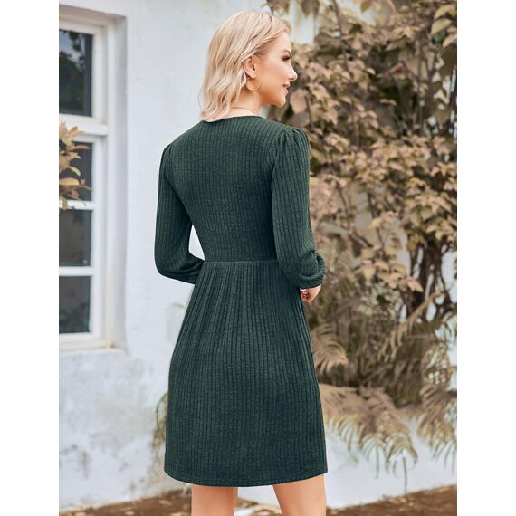 Hotouch Damen Kleid Elegant Strickkleid Langarm Kleider Rundhals Winterkleid Weihnachtskleid A-Linie Herbstkleid Elegant Blusenkleid mit Taschen Grün XXL