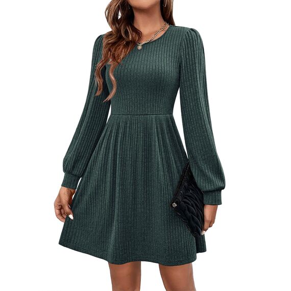 Hotouch Damen Kleid Elegant Strickkleid Langarm Kleider Rundhals Winterkleid Weihnachtskleid A-Linie Herbstkleid Elegant Blusenkleid mit Taschen Grün XXL