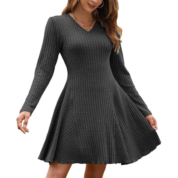 AUSELILY Strickkleid Damen Herbst Leichte A Linie Herbstkleid Langarm Kleider V Ausschnitt Winterkleid Elegant Pulloverkleid Dunkelgrau 2XL