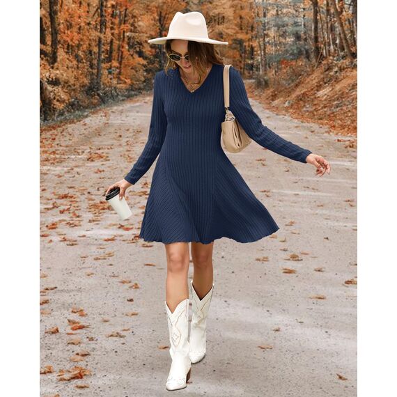 AUSELILY Strickkleid Damen Herbst Leichte A Linie Herbstkleid Langarm Kleider V Ausschnitt Winterkleid Elegant Pulloverkleid Marineblau L