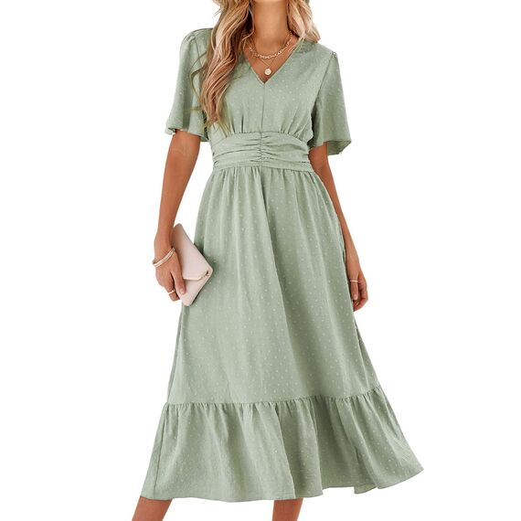 BebreezChic Sommerkleid Damen Lang Boho Elegant Kurzarm V-Ausschnitt Hohe Taille Swiss Dot Gerafft Blumen Strandkleid Maxikleid, Hellgrün M