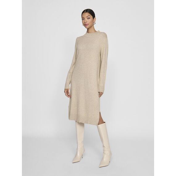 Vila Damen Viril Crew Neck L/S Midi Dress - Noos Kleid, Natural Melange, S EU