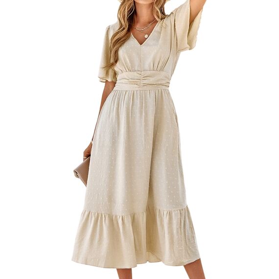 BebreezChic Sommerkleid Damen Lang Boho Elegant Kurzarm V-Ausschnitt Hohe Taille Swiss Dot Gerafft Blumen Strandkleid Maxikleid, Beige M