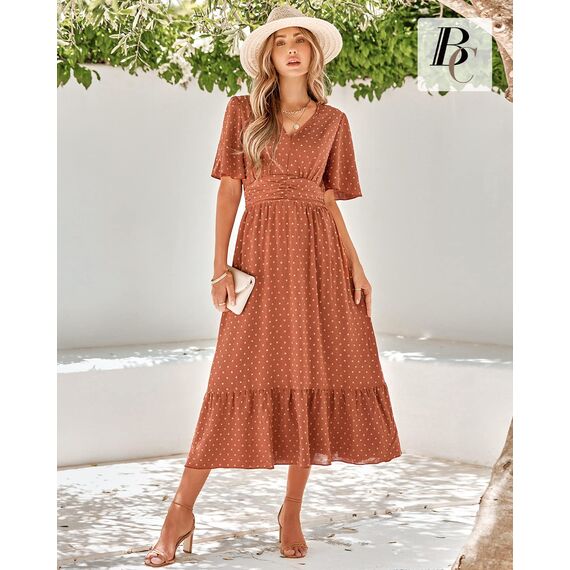 BebreezChic Sommerkleid Damen Lang Boho Elegant Kurzarm V-Ausschnitt Hohe Taille Swiss Dot Gerafft Blumen Strandkleid Maxikleid, Karamell XL