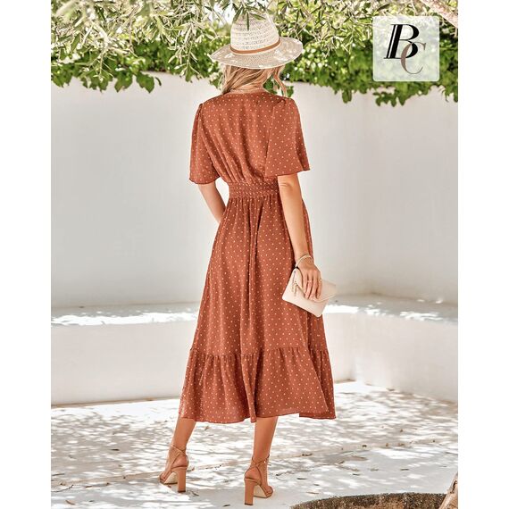 BebreezChic Sommerkleid Damen Lang Boho Elegant Kurzarm V-Ausschnitt Hohe Taille Swiss Dot Gerafft Blumen Strandkleid Maxikleid, Karamell XL