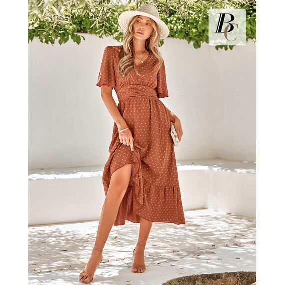 BebreezChic Sommerkleid Damen Lang Boho Elegant Kurzarm V-Ausschnitt Hohe Taille Swiss Dot Gerafft Blumen Strandkleid Maxikleid, Karamell XL